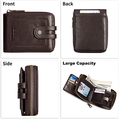 gzcz Zipper Wallet For Men Genuine Leather RFID Blocking Bifold Wallet for ID Window, Zip Coin Pocket and Credit Card Holders Large Capacity (Coffee)2