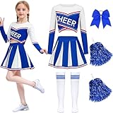 Luckyou Cheerleader Kostüm Kinder Langarm Cheerleader Mädchen mit Pompoms Socken Cheerleading Outfit Kinder für Karneval Halloween Sportfest Blau-140