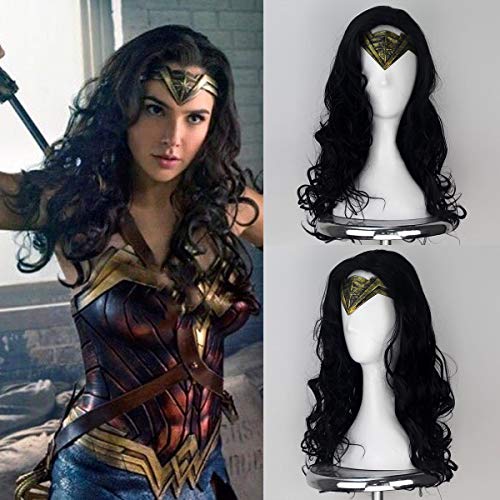 RAINBOW SNOW Perruque Wonder Woman Diana Prince pour femme - Cheveux synthétiques longs ondulés sans colle - Noir Cover