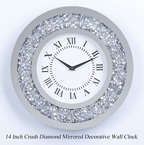 Silver Mirror Clock Crystal Sparkle Twinkle Bling Crush Diamond Mirrored Large Wall Clock For Wall Decoration Silver Glass Mirror Home Décor. Aa Battery Is Not Included. (14 Inches-Round) #TOP2