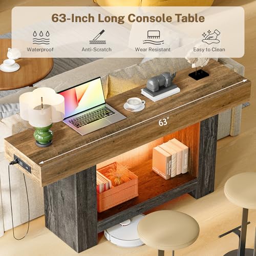 Image of 63 inch Entryway Table with Smart RGB Lights and Charging Station, Narrow Console Table with App-Controlled and Music Sync, Farmhouse Entry Way with Open Storage for Living Room, Hallway, Behind Couch