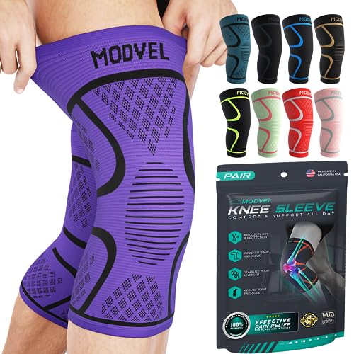 Modvel Knee Braces for Knee Pain Women & Men - 2 Pack Knee Brace for Knee Pain Set, Knee Brace Compression Sleeve, Knee Support for Knee Pain Meniscus Tear, ACL & Arthritis Pain Relief,Purple XS