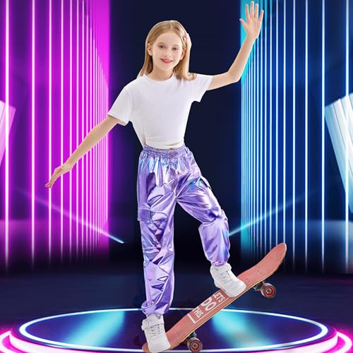 Image of Rolanko Girls Shiny Metallic Cargo Pants, Sparkle Jogger Pants for Girls Hip Hop Dance Streetwear Cargo Trousers 6-15 Years