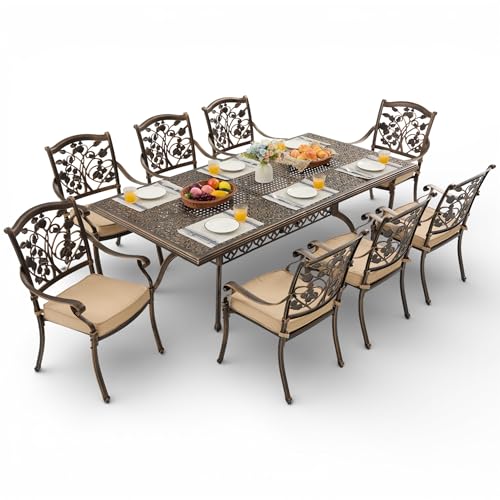 Attliahome 9-Piece Cast Aluminum Outdoor Dining Set, 87" Rectangular Antique Bronze Patio Table & 8 Stackable Chairs with Cushions, Rustproof Strawberry & Leaf Design with 2" Umbrella Hole