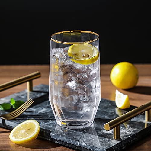 Everest Global Polyhedron Gold Rim Clear Crystal Glass Highball 21.5Oz Set Of 6 Blown Rock Cups For Old Fashion Soda Juice Milk Coke Beer Tea Spirits Water Ice Beverage #TOP1