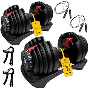 MotionGrey 5-52.5LB Adjustable Dumbbell Set (Single/Pair)| All-in-One Space-Saving Dumbbells with 15 Settings|Compact Weights for Home Gym Workout Fitness Equipment | Includes Jump Ropes & Hand Grips