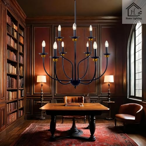 Image of 9-Light Chandelier, Black Metal with Gold Accents, Traditional Candle Style