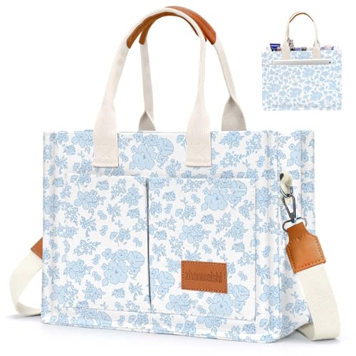 Canvas Tote Bag for Women with Pockets Crossbody Bag Tote Shoulder Handbags Casual Work Bags Everything Tote Bag (Blue Flower)