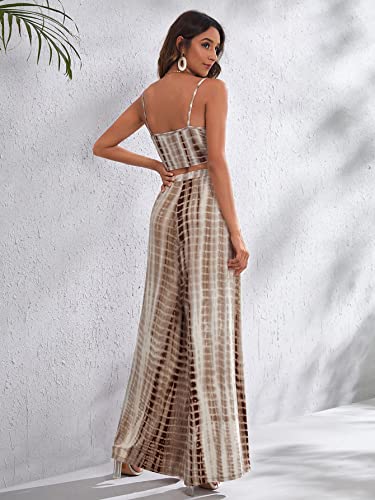 Shein Women's Two Pieces Tie Dye Outfits Long Wrap Split Thigh Pants Cami Tops Set Summer Jumpsuit Khaki Small #TOP2