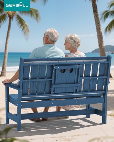 Image of SERWALL HDPE Outdoor Bench with Cup Holder Oversized 58 inch Porch Bench, Navy