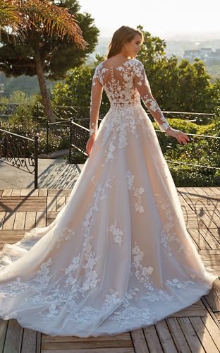 Miao Duo Women's Elegant Lace Beach Wedding Dresses for Bride 2025 with Sleeves Wedding Bridal Gowns YZTS0142