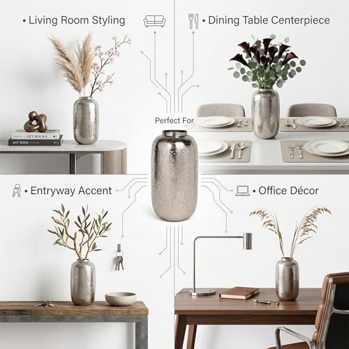 Image of INDIAN DECORMART Flower Vase | Flower Pots for Home Decor, Living Room, Bedroom, Office, Gifting, Colour Silver (IDM22241 | 18x18x34 CM)