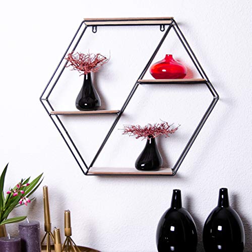 Hexagon Wandregal Metall mit 4 Holz-Flächen Vintage Dekoration in Skandinavischen Stil Schwarz für Küche Wohnzimmer Badezimmer Gewürze Industrial Eiche Organizer Wandboard 59x51cm Cover