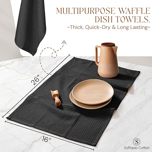 Image of Black Waffle Kitchen Dish Towels, 100% Cotton, Quick Dry, Super Absorbent, Soft, 16x26 Inches - Ideal for Dish Drying, Bar, Hand Wipe, Cleaning, and Everyday Use, 4 Pack
