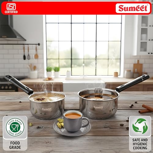 Image of Sumeet ISI Certified Stainless Steel Induction & Gas Stove Friendly Saucepan /Milk Pan /Tea Maker Set of 2Pcs - 800 & 1200ml, 13.5 & 15cm Dia, Silver