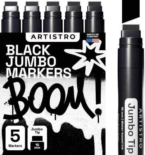 ARTISTRO 5 Jumbo Black Markers, 15mm Jumbo Felt Tip, Acrylic Paint Markers for Rock Painting, Stone, Ceramic, Glass, Wood, Canvas