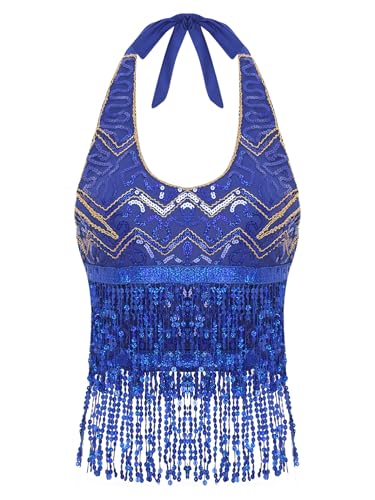 Freebily Paillettes Danza del Ventre Reggiseno Donna Crop Top Ballo Latino Americano Tango Moderno Jazz Collo Halter Top Corto da Danza Classica Frange Nappa Canotta Blu Reale Taglia Unica