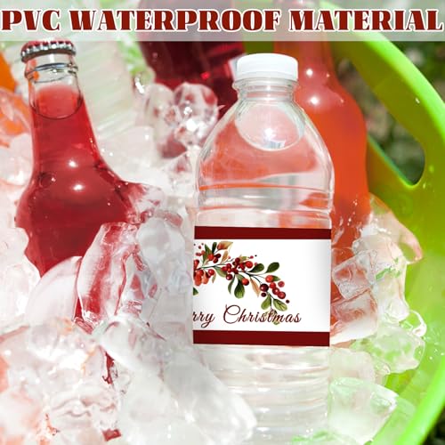 URROMA 50Pcs Merry Christmas Water Bottle Labels Red Holly Fruit Water Bottle Stickers Waterproof Drinks Wrappers for Christmas Party Favors Decor - Image 4