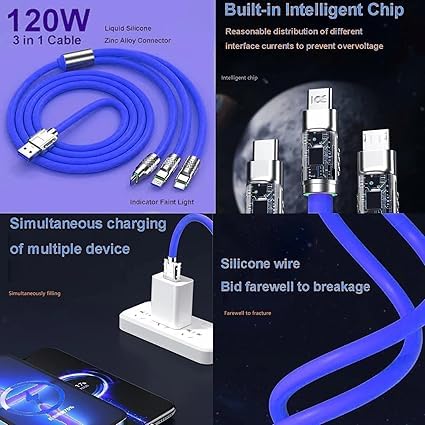 Image of Original 120W Ultra Fast Charging Zinc Alloy 3-in-1 Data Cable for Mobile Phone Fast Charging Universal Charging Cable (Blue) (APR157)