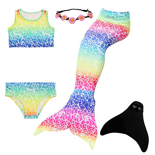UrbanDesign Cola De Sirena con Monoaleta Disfraz Traje De Sirena con Aleta para Niña para Nadar, 5-6 años, Multicolor