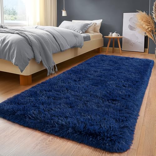 2x6Ft Runner Rug Navy Blue Fluffy Bedroom Bedside Rugs Anti-Skid Carpet