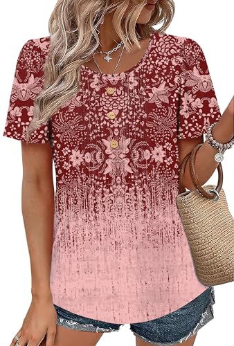 Image of Womens Tops Dressy Casual Blouses Short Sleeve Shirts Plus Size Fashion Clothing Spring Summer Outfits Button Pleated Front
