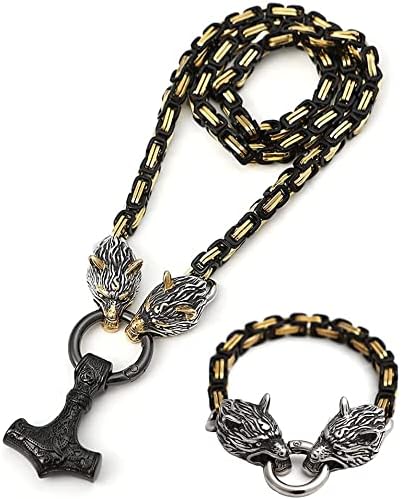 Amazon Co Jp ペンダントネックレス 手作りメンズバイキングケルトフェンライラーウルフヘッドキングチェーンネックレスブレスレット ブラックトールハンマーmjolnirペンダントアムレ ビンテージノルディック戦士ジュエリー Color N60cm Size B21cm ジュエリー