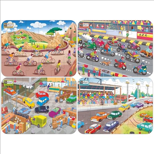 Image of ABYZ Wooden Jigsaw Cycle Racing, Bike Racing, Car Garage, Car Racing Puzzle 120pcs for Kids of Age 3-5 Years, Set of 4