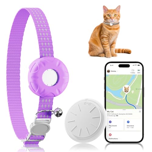 Image of GPS Tracker for Cats, Cat Tracker Compatible with Apple Find My App (Only iOS), No Monthly Fee, Waterproof (White Tracker, Purple Cat Collar)