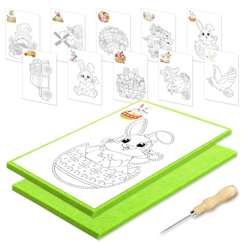 JSRQT Punzon Infantil Juego de Agujas para Pinchar para Niños Easter Kit Arte Seguro Pascua Pinchitos Juego Infantil 2 Agujas Punzón 2 Fieltro Punzón 10 Imágenes Bordado a Partir de 4 Diseñado