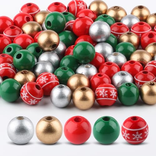 100 Pcs 16mm Red & Green Wooden Beads for Christmas Crafts Snowflake Tree Ornaments Holiday Garland DIY Xmas Decorations(01)