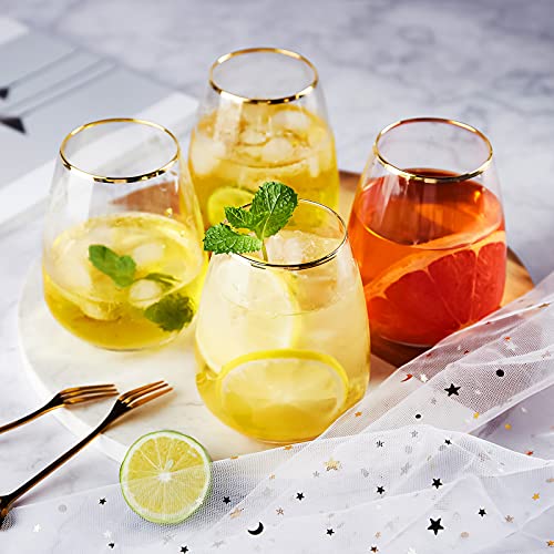 CREATIVELAND Stemless Wine Glasses 13.5OZ Gold Rim Clear Red Wine Glass Lightweight Heavy Base Durable Mixed Drinkware Sets Cocktail Glasses Christmas Gift 400ML (SET OF 6) - Thumbnail 4