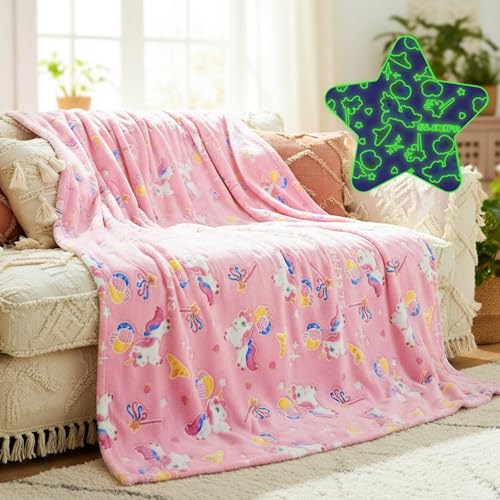 Cyiecw Kuscheldecke Kinder 130x150cm Einhorn Muster Flanell Fleece Decke Leuchtet im Dunkeln Rosa Sofadecke Kinderdecke für Mädchen Weiche Mikrofaser Flauschig Decke für Geburtstag Weihnachten