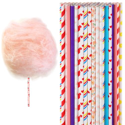 50 PCS Cotton Candy Floss Sticks Random Colorful Cotton Candy Floss Sugar and Cones Candys Holder Paper Straws Tapers Supplies for Birthday Wedding Party Candy Making