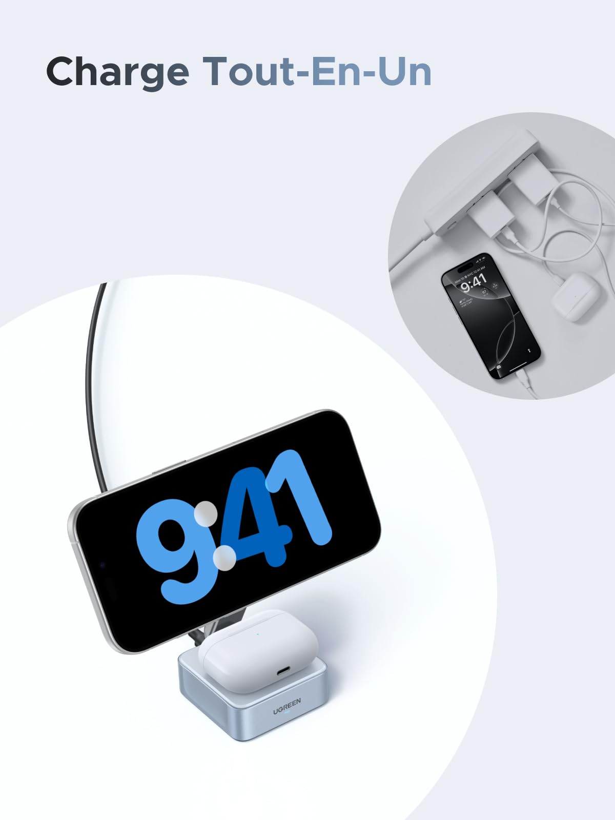 UGREEN MagFlow Qi2 25W Chargeur Induction iPhone 2 en 1 Certifié Compatible avec MagSafe iPhone 17 16 15 14 13 12 Air Plus Pro Max AirPods 4 3 Pro 3 2 1 Chargeur sans Fil Magnétique Pliable Réglable