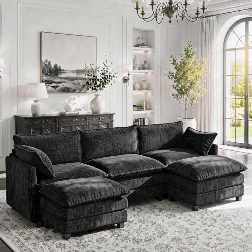 Image of 112 inch U-Shape Modular Sofa with 2 Ottomans, Deep Seat Cloud Convertible Sleeper, 2 Arm Pillows, Comfortable Upholstered Furniture for Living Room Apartment, Black