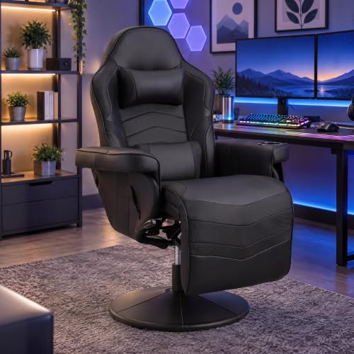 RIHEREFY Game Reclining Chair with Adjustable Height, PU Gaming Chair with Massage, Long Footrest and Lumbar Support, High Back Swivel Computer Game Chair for Adult(Black)