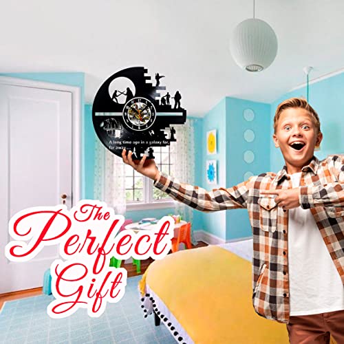 Star Decor Wars Vinyl Wall Clock With Epic Space Movie Characters Vintage Space Movie Heroes Themed Art Home Room Decorations Gift For Birthday Holiday Christmas 12” Lp Clock Black #TOP2