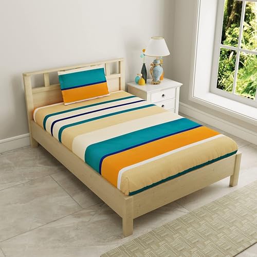 Image of Glace Cotton Single Bedsheet 60x90 Inches with 1 Pillow Cover 18x28 Inches - Striped Teal Blue Orange Bed Sheet Set - Soft Flat Bedcover for Single Mattress Bedroom Hostel Room - Multi Lines