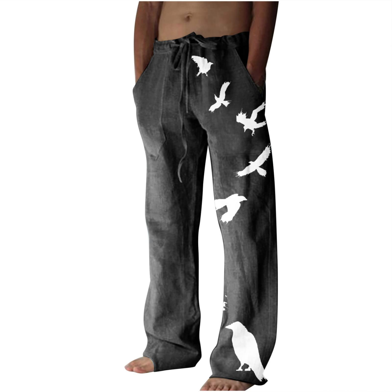 AkklianMen's Ethnic Style Printed Sweatpants Linen Vintage Elastic Waist Lace up Casual Pants Loose Fit Hippie Boho Trousers