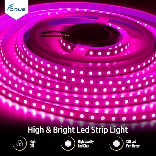 Image of Forus 5 Meter (5M) 8mm Pink LED Strip Light, 120 LEDs /M Plug & Play Flexible Lighting for Home Decor, False Ceiling, Pooja Room, Living Room, Kitchen, Mirror, Stairs, 2-Year Warranty
