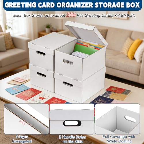 Greeting Card Organizer, 4 Pack Greeting Card Storage Box Holds over 800 Cards, Greeting Cards Box with 20 Dividers and 104 Self-adhesive Labels, Card Organizer for Photo, Crafts, Envelopes, Scrapbook