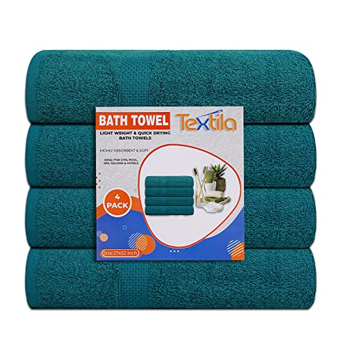 Textila Cotton Bath Towels - Medium Bath Towel 24X48 Inches - Pack Of 4 - Teal Green Color - Soft And Absorbent Towels For Bathroom, Gym, Pool, Spa, Hotel, Home & Hair Wrap Use #TOP1