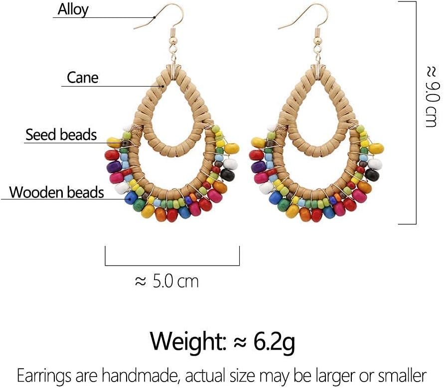 Bohemian Rattan Wooden Beaded Handmade Boho Beach Dangle Earrings | Summer, Drop, Jewelry, For Women, Statement, Lightweight, Tribal, Large, Big, Straw, Wicker, Vacation, Holiday, Seed Beaded Colorful