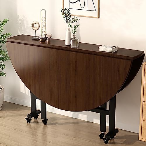 Versátil mesa de cocina redonda con 6 ruedas que ahorra espacio, plegable, mesa de comedor plegable para cocina/oficina (marrón, 100 cm)