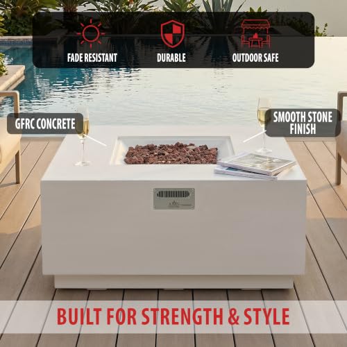 Image of AMS 48 inch Square Concrete GFRC Propane Gas Fire Pit Table Bundle, Cream White
