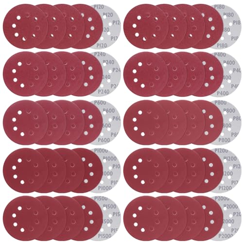 BODHTAT ディスクペーパー 50枚 125mm 8穴 丸型 サンダーペーパー マジック式 サンドペーパー（120/180/240/400/600/800/1000/1200/1500/2000/各5枚）木工DIY作業に 金属磨き用 車の研磨 ランダムアクションサンダー用 サンディング
