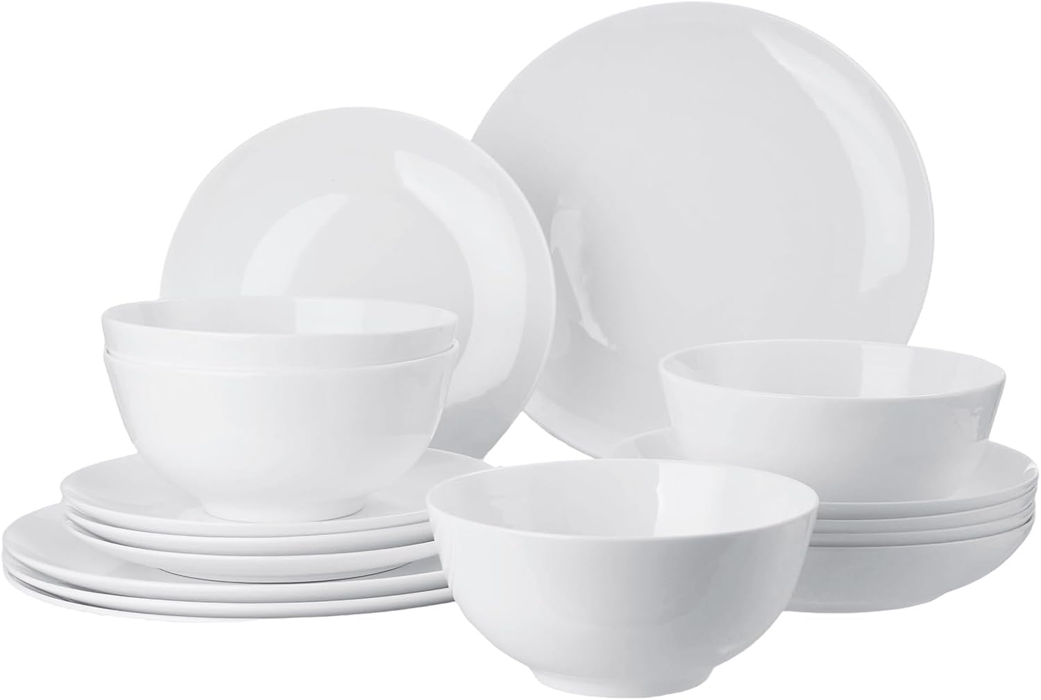 Bone China 16 Pieces Dinnerware Set Service for 4, White round Plates and Cereal Bowls Dishes Sets, Easy cleaning, Microwave Safe, Dishwasher Safe and Chip resistant.