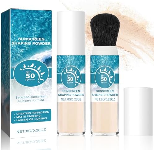 2 Pezzi Polvere Fissante per la Protezione Solare, Crema Solare In Polvere con Pennello, Mineral Sunscreen Setting Powder SPF 50, Controllo dell'Olio, Traspirante, Finitura Opaca Naturale & Duratura