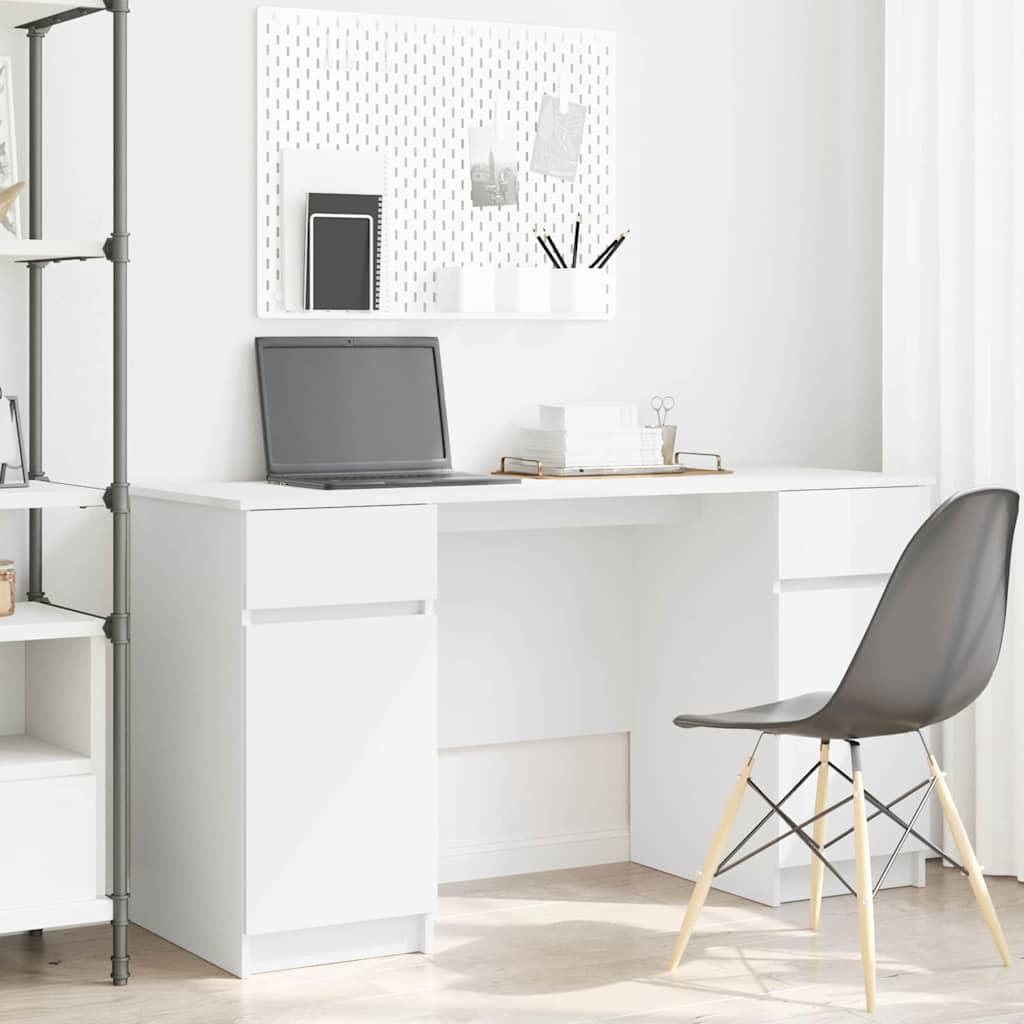 Scrivania bianca con cassetti in legno opaco, 140 x 49 x 76 cm, scrivania da ufficio, scrivania per computer, segretario, postazione di lavoro, casa, studio, spazio di archiviazione